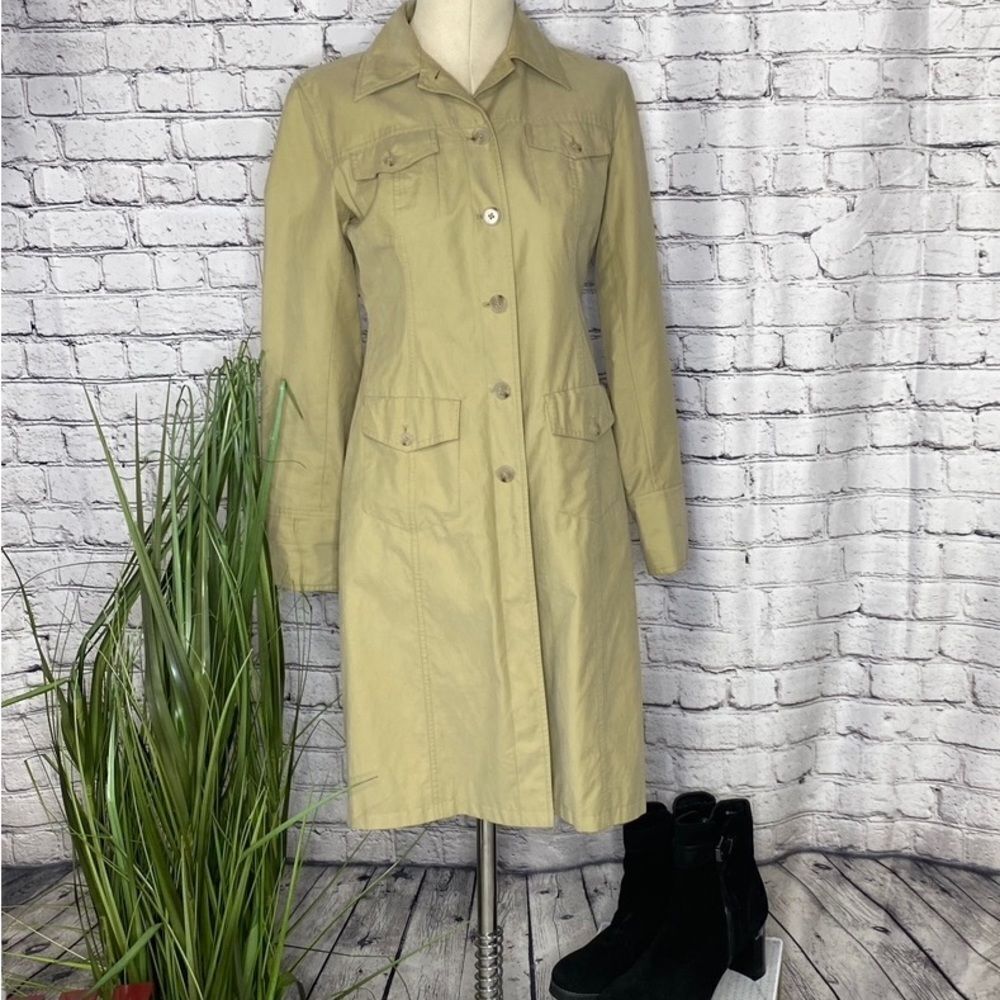 Ann Taylor Loft Button Front Collared Trench Coat Khaki Size 2 Safari Utility‎